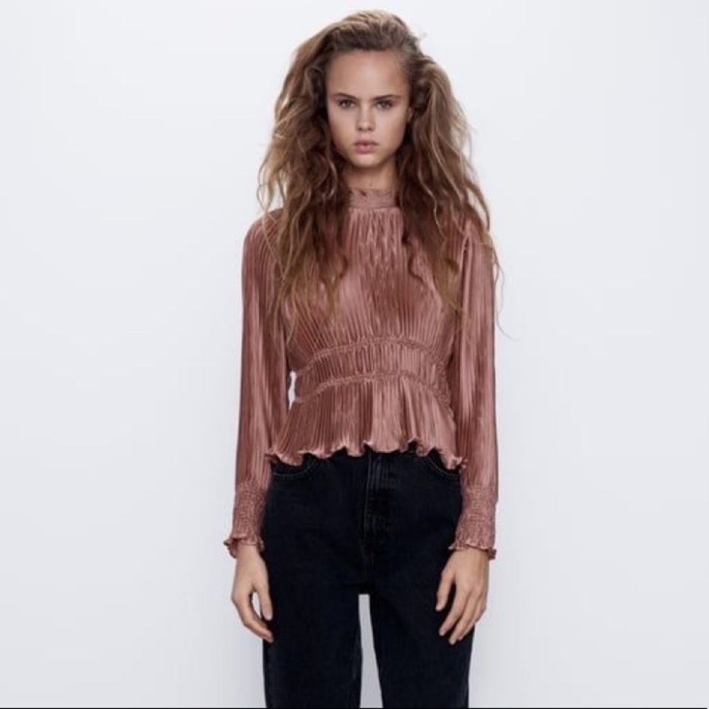 Zara Satin Pink Pleated Ruffle Trim Long Sleeve Blouse